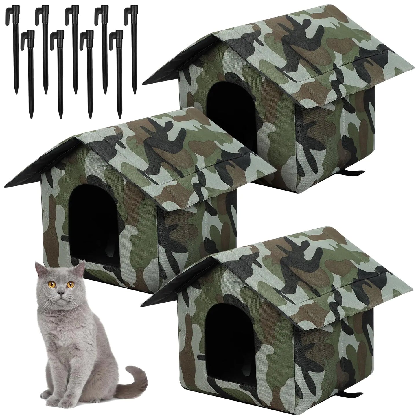 Soaoo 3 Pcs Cat Houses for Outdoor Stray Cats Shelter Weatherproof Outside Cat House Indoor Foldable Pet Cave with Tent Stakes for Wild Animal Dogs(Camouflage Style)