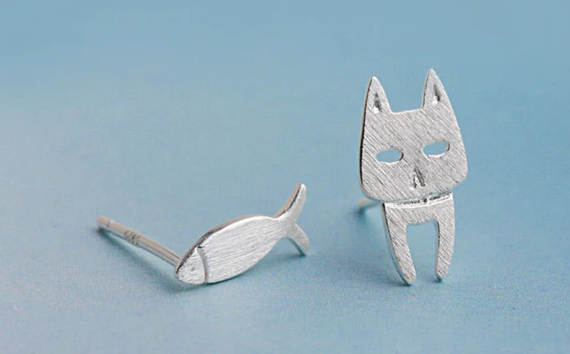 Cat Fish Stud Earrings - Silver Accessories for Cat Lovers