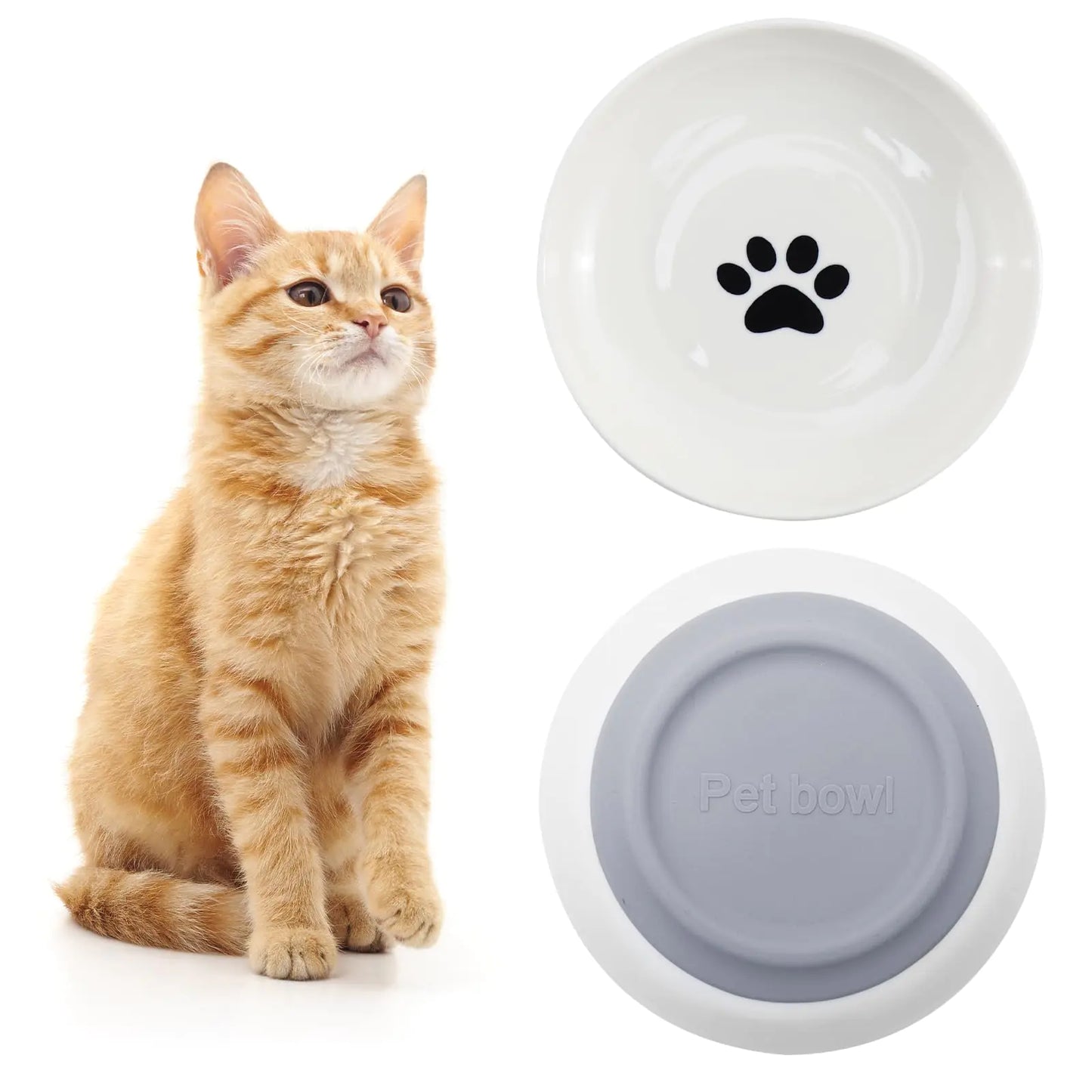 COSOWO 2 Pack Cat Food Bowl Healthy Ceramic Cat Bowls for Indoor Kitten Non-Slip Silicone Bottom Shallow Wide Kitten Plates Cat Dishes Set Whisker Fatigue Cat Bowl