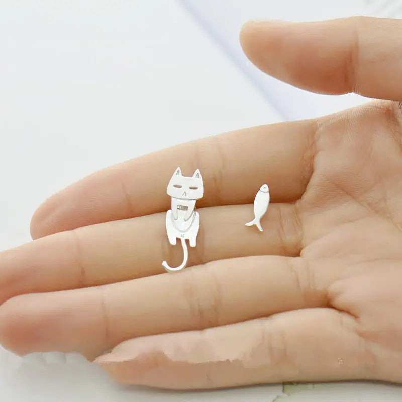 Cat Fish Stud Earrings - Silver Accessories for Cat Lovers