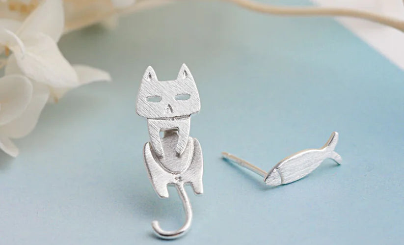 Cat Fish Stud Earrings - Silver Accessories for Cat Lovers
