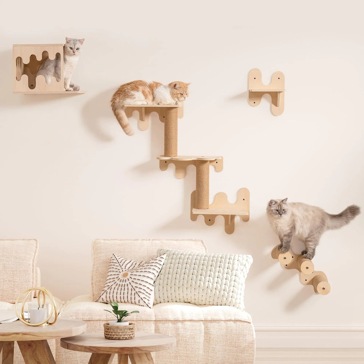 Mewoo Cat Wall Shelves Wooden Cat Wall Furniture Stable Cat Wall Steps Cat House and Cat Perch for Wall Mounted Cat Climbing Shelves Cat Ladder for Most Kittens & Adult Cats Set of 4 Beige