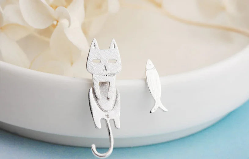 Cat Fish Stud Earrings - Silver Accessories for Cat Lovers