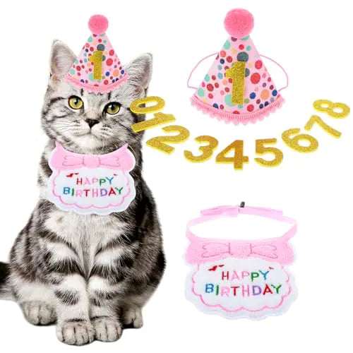 COMNICO Cat Birthday Party SuppliesCat Birthday Bandana Scarf and Party Hat Mini Doggy Cat Birthday Bib Girl Kitten Birthday Hat with Numbers Pet Birthday Decorations Set Outfits for Cat Kitten