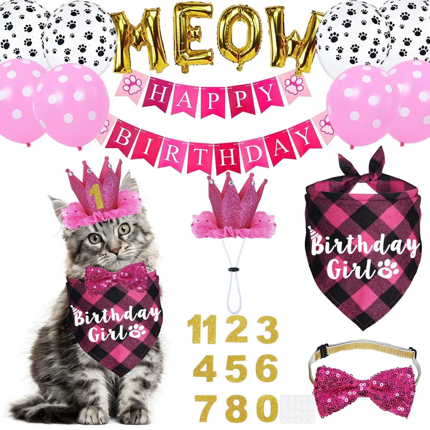 JOTFA Cat Birthday Party Supplies Cat Birthday Outfits Cat Birthday Bandana with Cat Birthday Hat Crown Bow Tie Birthday Number Banner Balloons Meow Balloons for Cat Kitten Birthday Decorations