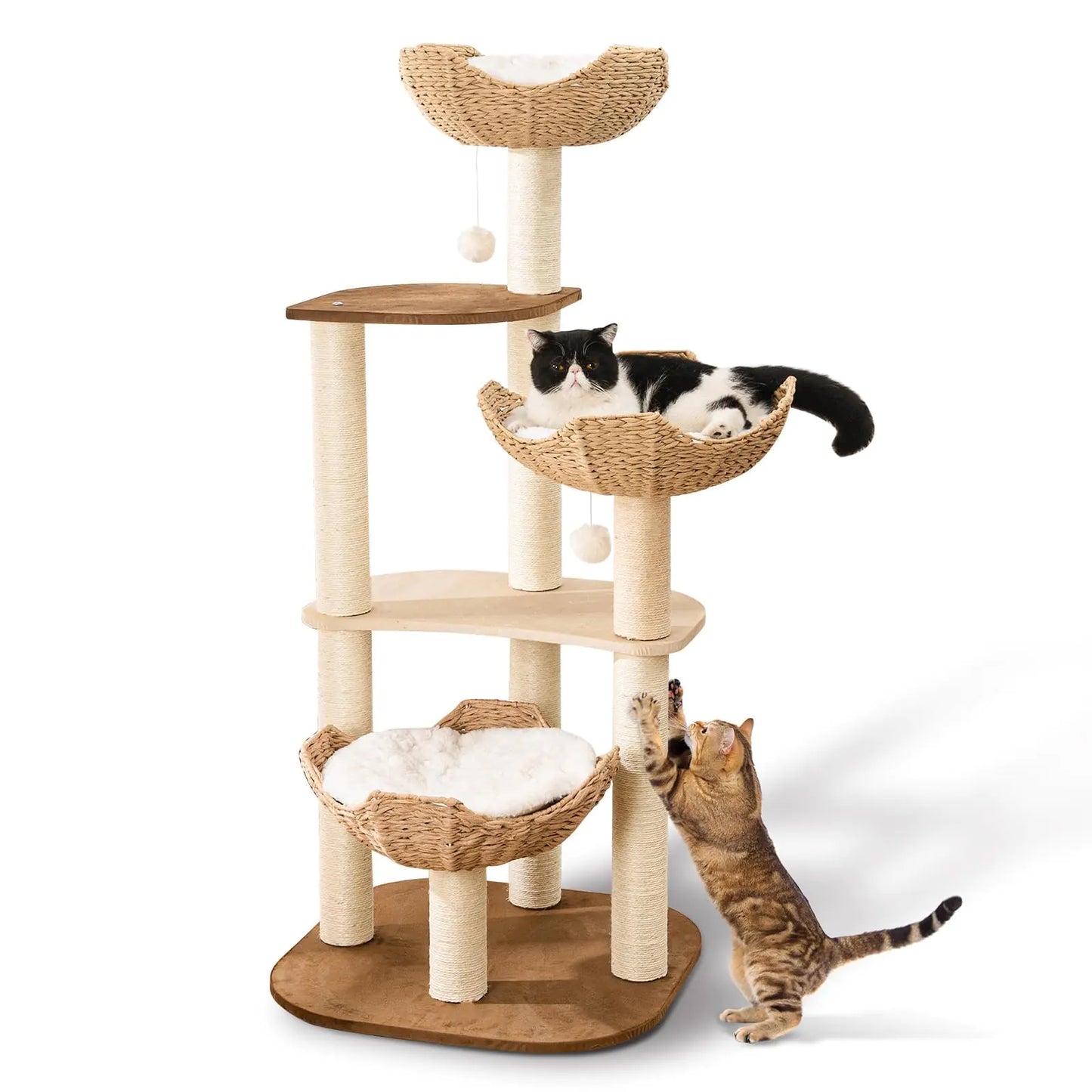 Big Modern Design Cat Tree Tower with White Cloud Mat Unique Cat Supplies Tower with Scratching Post Cute Wood Cat Tree Cat Furniture Activity Centre for Indoor Big Cats