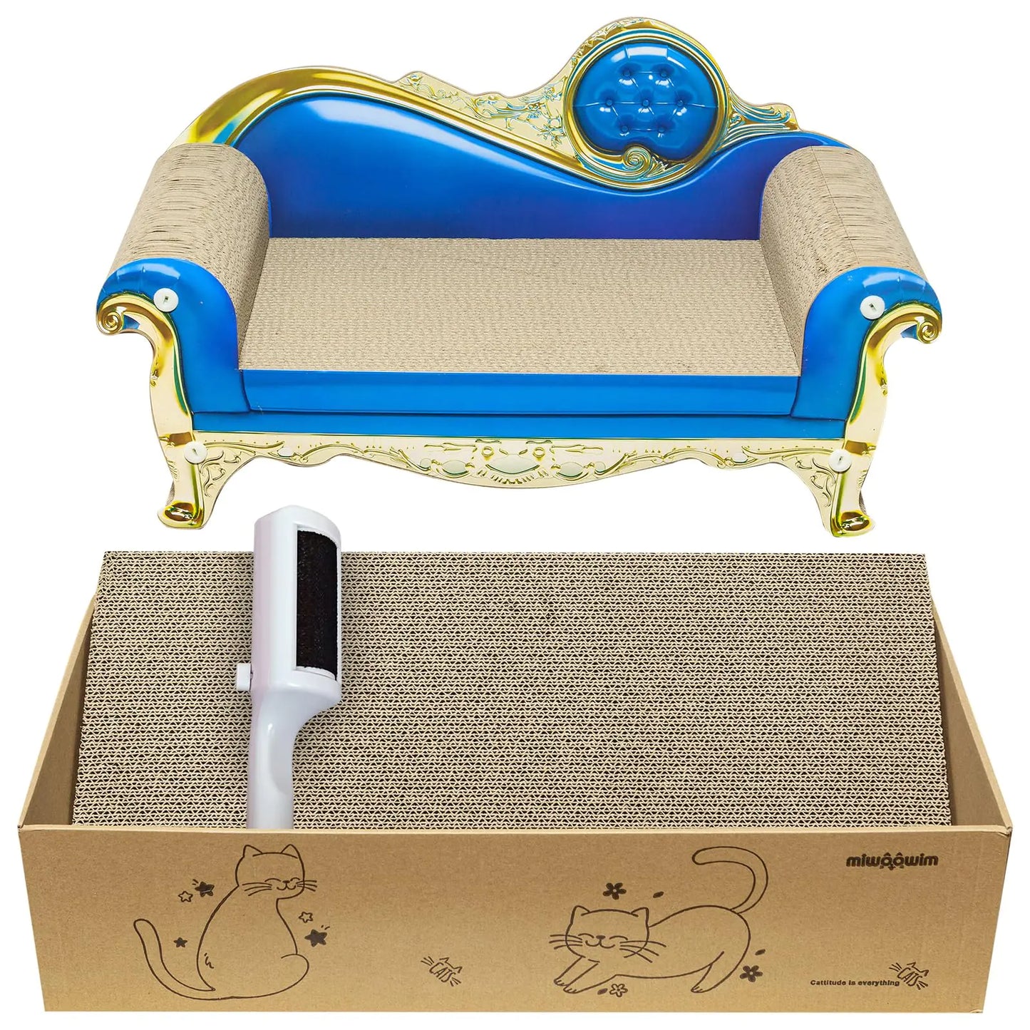 Miwoowim 3 PCS Royal Cat Scratcher Couch Large Cat Scratcher Sofa Bed 22.9 inch -Cat Scratcher Cardboard Box 23.3 inchcat Scratcher Lounge Cat Scratch Pad cat scratchers for Indoor Cats (Blue)