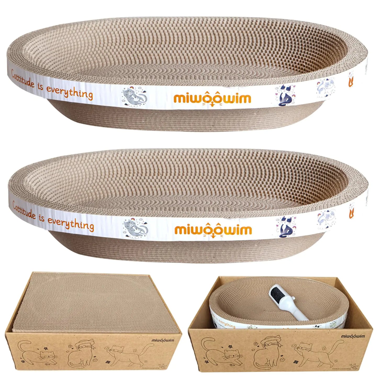 Miwoowim 4 piezas (2 cuencos rascadores para gatos + 1 almohadilla corrugada para rascar con caja + 1 cepillo), rascador ovalado de cartón para gatos, cama de salón para gatos, lindo rascador redondo para gatos.
