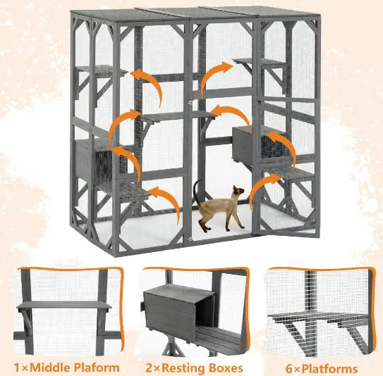 Outdoor Cat House Wooden Catio Enclosure Cover Large Cat Cage With Jump Platforms And Condos