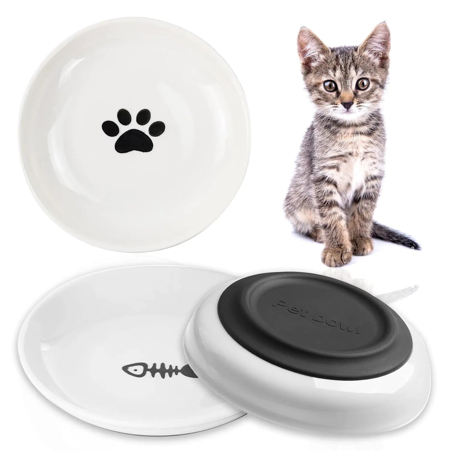 Cat Food Bowl Cat Bowls for Indoor CatsCat Food and Water Bowl SetAnti Whisker Fatigue Cat BowlShallow Wide Kitten Food Bowl for Food and WaterNon-Slip Silicone Bottom3 Pack Ceramic Cat Dishes