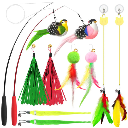 UETZLTB 14pcs Cat Wand Toy Cute Bird Feather Cat Toys for Indoor Cats Worm Kitten Toys for Cat Colorful Self Play Hanging Cat Toys for Bored Indoor Adult Cats Interactive Cat Toy for Kitten