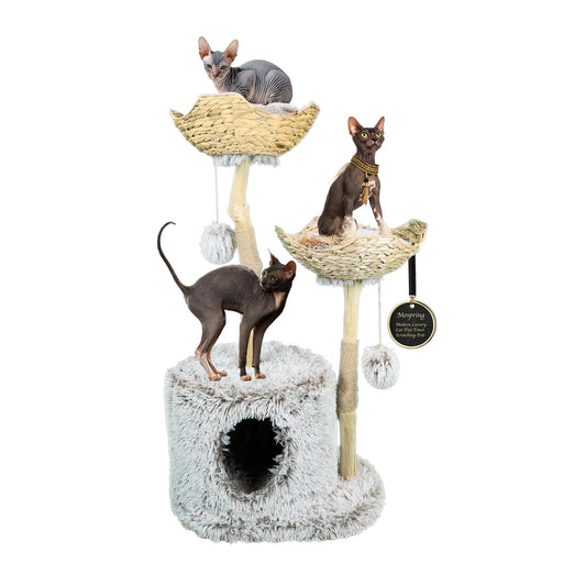 Mospring Cat-Tree Tower | Modern Cat Furniture | Real Wood Branch Scratching Post | Large Cat Condo | Multi-Cat Perch | Gray | 46”
