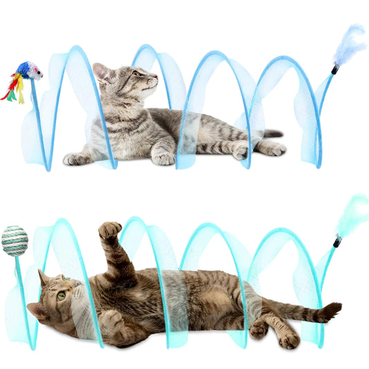 2 Pcs Folded Cat Tube Tunnel Interactive Spring Cat Tunnel Toy for Indoor Cats Exercise Cat Tunnel Bed for Kitten Cat Donut Tunnel Whisker Twister with Feather Mouse Toys Blue & Green