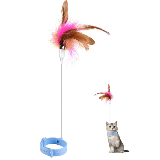 Cat Teaser Wand Toy Cat Teasing Wand Collar Silicone Adjustable Cat Wand Toy Feather with Bell Cat Interactive Teaser Toys for Indoor Cat Kittens Playing Exercise (Blue)