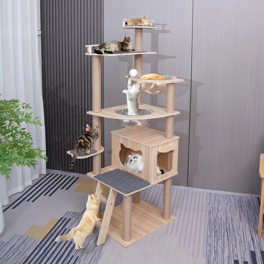 Cat Tree Wood cat Tower with cat CarpetModern Cat Tree Tower for Indoor Cats - 67" Tall Wood Condo with Hammock Scratching Post and Removable Pads for Small Large Cats