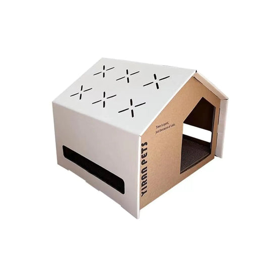 doubou Cat Cardboard House with Scratch Pad Cat Hideaway Playhouse with Scratching Board (White)