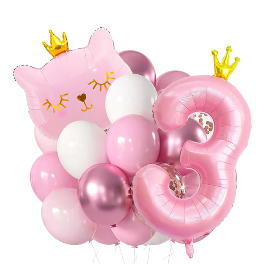 Pink Cat Number 3 Balloon Crown Cat Birthday Decorations Girls Birthday Party Decorations 3rd Birthday Decorations for Girls (3)