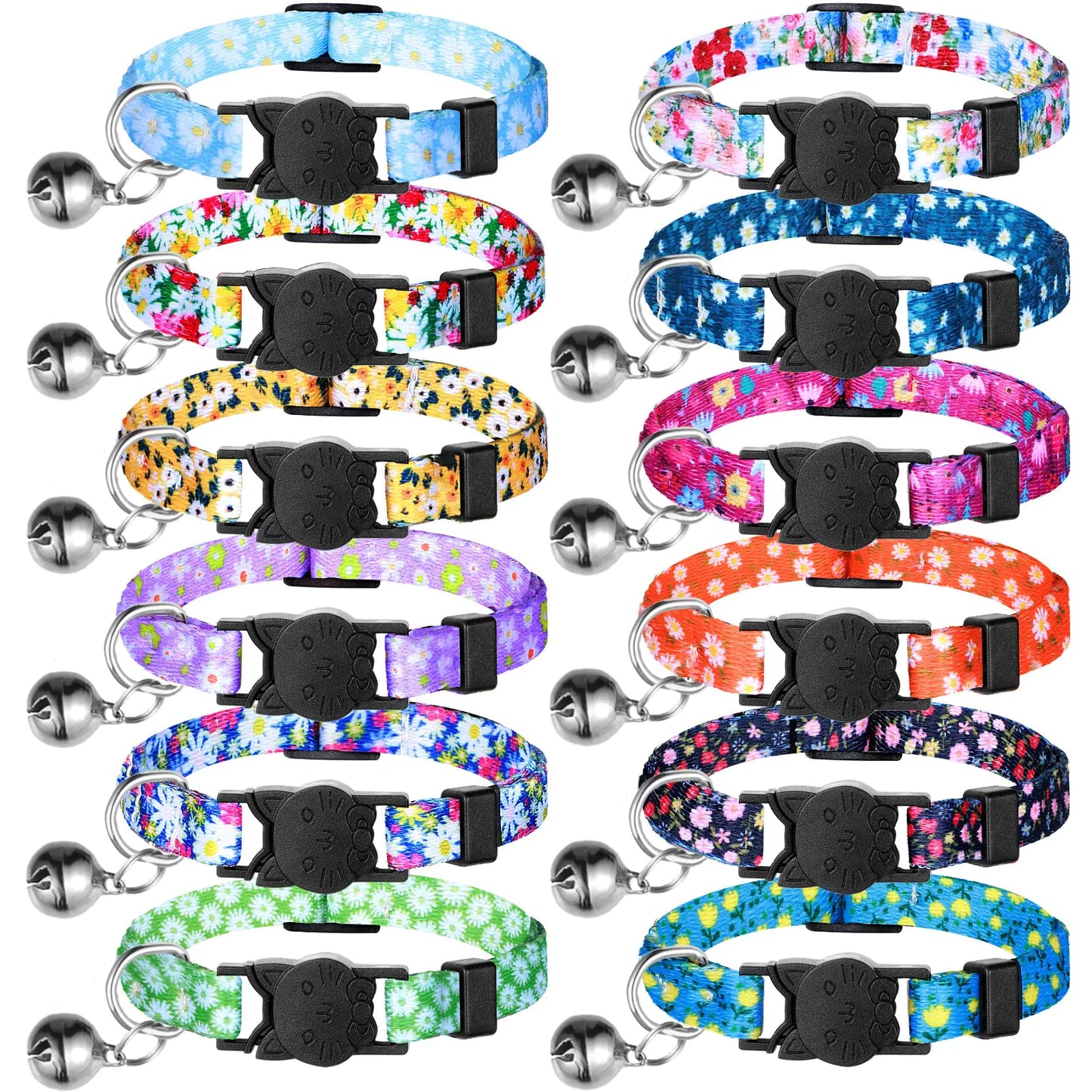 Saintrygo 12 Pcs Cat Collars Summer Breakaway Cats Collar with Bells Cute Cat Collar Dog Collar Adjustable Male Female Pet Collar with Safety Buckle Kitten Puppy Collar(S Flowers Patterns)