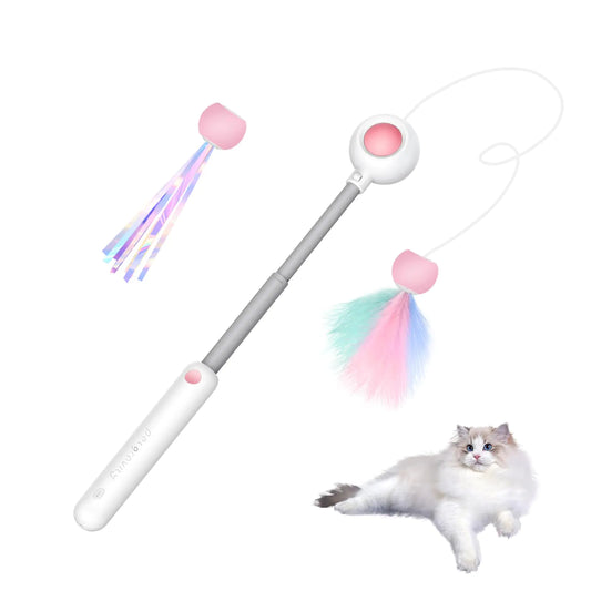 SmartTail Cat Wand Toy Interactive Cat Toy Retractable Wand Toy and 2PCS Feather Tassels Toys Refills Funny Kitten Toys Cat Fishing Pole Toy