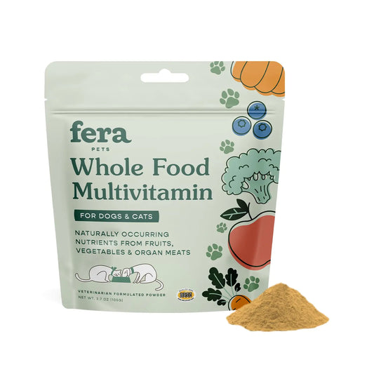 Fera Pets Whole Food Multivitamin Cat and Dog Food Topper - Vet Created Cat & Dog Vitamins Plus Minerals Micronutrients Prebiotics and Probiotics – Powder Supplement - 3.7oz