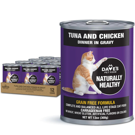 Daves Pet Food Grain Free Wet Cat Food (Tuna & Chicken Dinner in Gravy) Naturally Healthy Canned Cat Food Added Vitamins & Minerals Wheat & Wheat Gluten-Free 13 oz Cans (Case of 12)