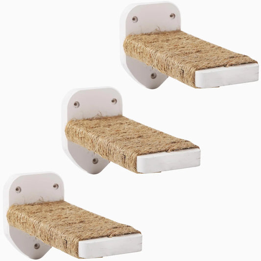 3 Pcs Cat Wall Steps Cat Shelves and Perches for Wall Wall-Mounted Cat Climbing Shelf with Hemp Rope Covered Cat Wall Furniture Steps Set with Scratching Pads for Cats Playing and Climbing (White)