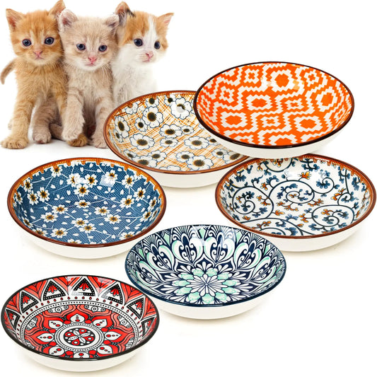 5.5in Ceramic Cat Food Bowl Set - Wide Shallow Cat Bowl for Relief Whisker Fatigue6 Colorful Kitten Bowls Cute Cat Feeding Bowls for Food and Water- Microwave Dishwasher Safe