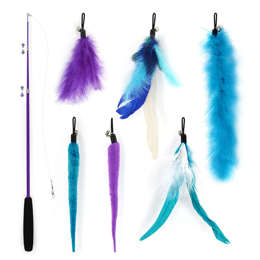 SONGWAY Interactive Cat Feather Toys - 7 Pcs Cat Toy Set Retractable Cat Wand Toy Teaser Refills Worm Bird Feathers with Bell Cat Teaser Toys for Indoor Cats Kitten Play Chase Exercise Blue