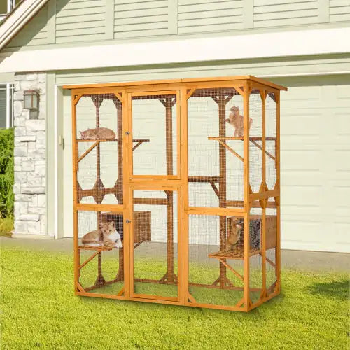 Outdoor Cat Enclosure With Roof 72 Inch High Cat Cabin Large Cat Cage