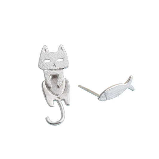 Cat Fish Stud Earrings - Silver Accessories for Cat Lovers