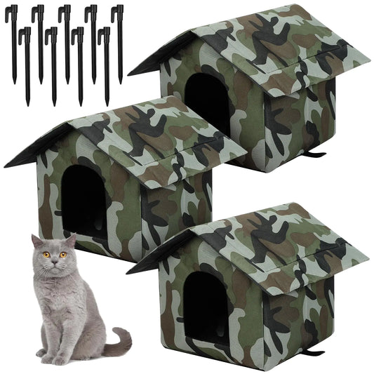 Soaoo 3 Pcs Cat Houses for Outdoor Stray Cats Shelter Weatherproof Outside Cat House Indoor Foldable Pet Cave with Tent Stakes for Wild Animal Dogs(Camouflage Style)