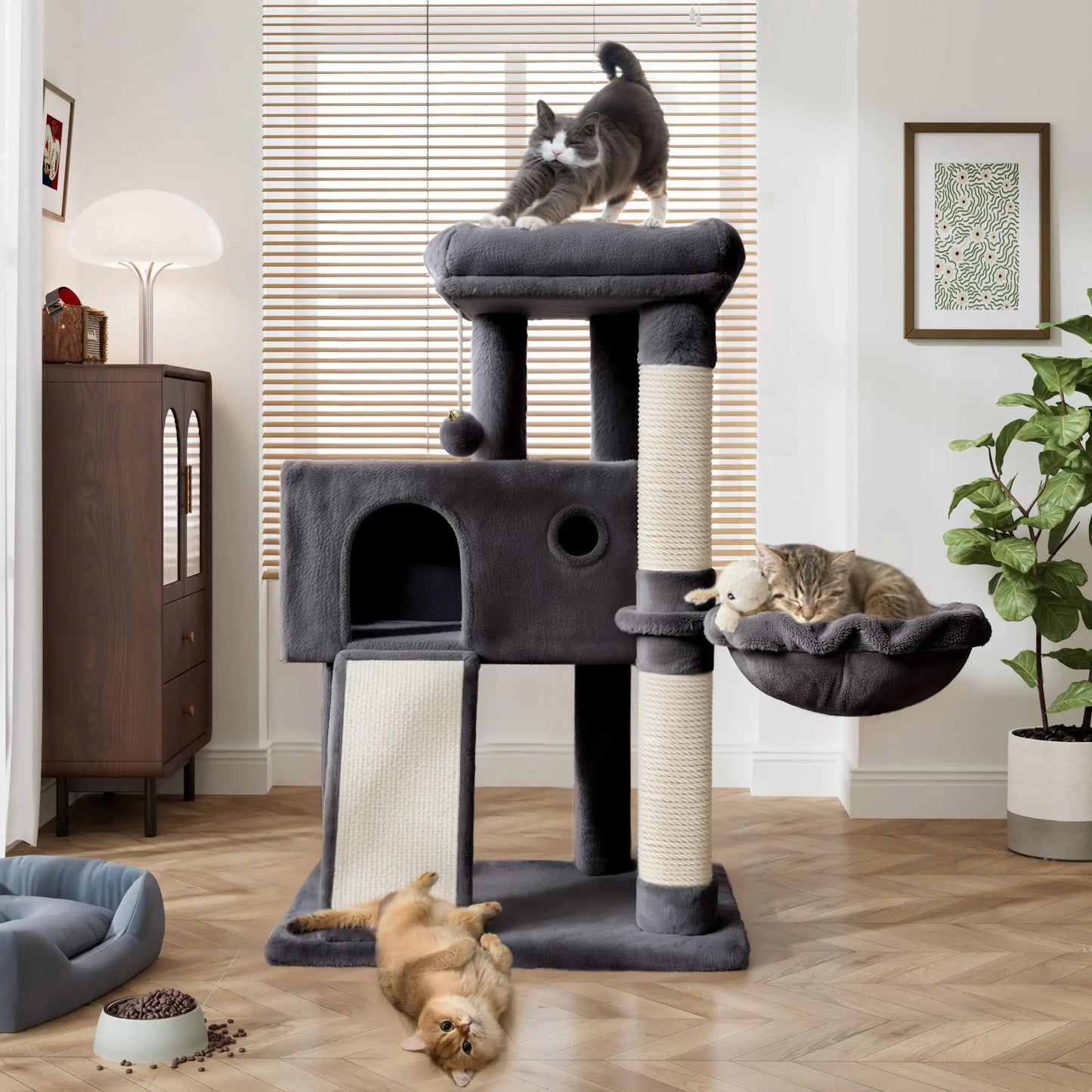 PurrFest Cat Tree 36 Inches Cat Tower with Cat Hammock Sisal Scratching Post for Indoor Cats Small Room Smoky Grey