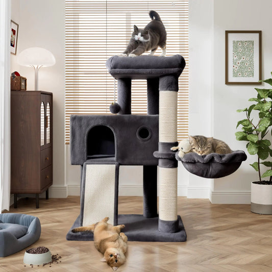 PurrFest Cat Tree 36 Inches Cat Tower with Cat Hammock Sisal Scratching Post for Indoor Cats Small Room Smoky Grey