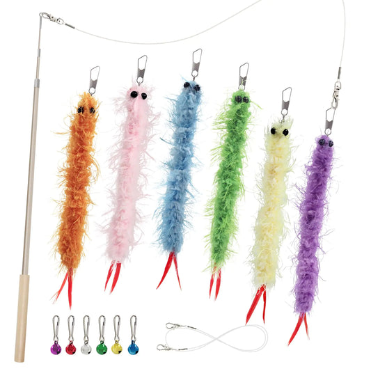 SONGWAY Worm Cat Wand Toys - 6 PCS Cat Worm Toys with Retractable Cat Wand Cat Feather Tail Toys Cat Fishing Pole Toy Interactive Cat Toys for Indoor Cats Kittens