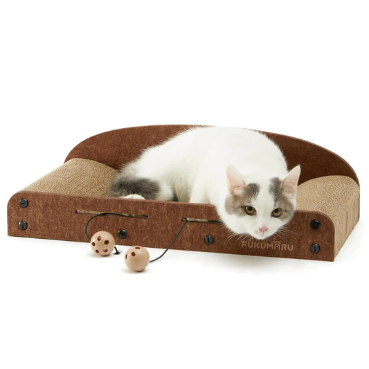 FUKUMARU 21 Inch Cat Scratcher Cardboard Cat Lounger Durable Cat Scratcher Bed Large Lounger with Bell Ball Toy Recyclable Cat Scratching Pads for Indoor Cats Cat Scratch Bed Cardboard