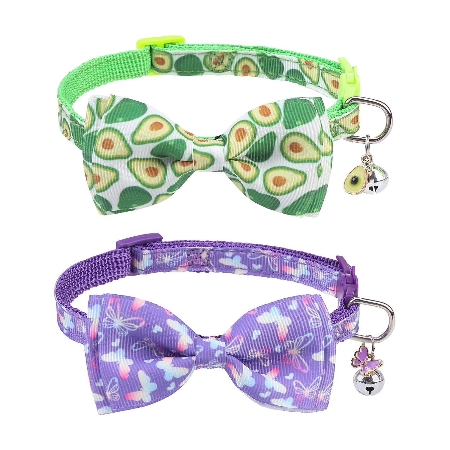 SCENEREAL Cat Collar with Bells 2 Pcs Breakaway Cat Collars with Adustable Bowtie Safety Kitten Collar for Boy Girl Cats Puppy Cute Butterfly & Avocado Pet Collar Green & Purple