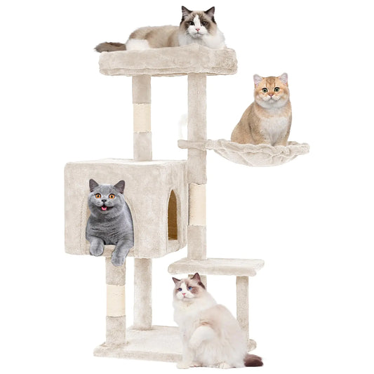 FDW 37.8 inch Cat Tree Cat Tower for Indoor Cats with Scratching PostsMulti-Level Cat Furniture Activity Center Stand House Cat Condo Modern Cat Tower with Hanging Cradle & Funny Toy (Light Gray)