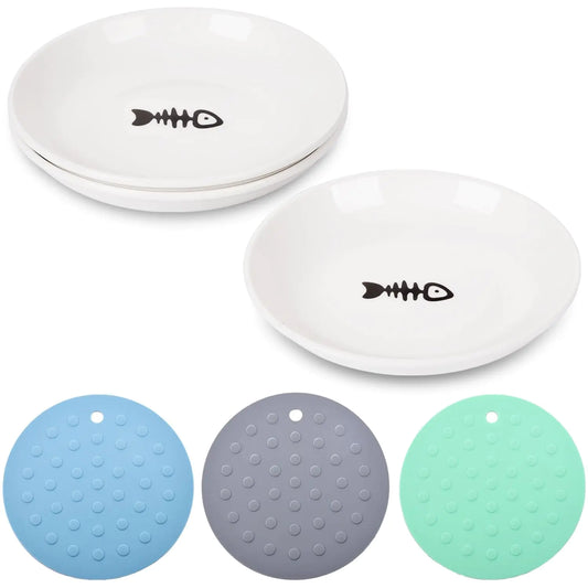 VanEnjoy Ceramic Cat Food Plates: Cat Food Bowl Whisker Friendly Cat Feeding Bowls Shallow Bowl with Non-Slip Mat - Fish