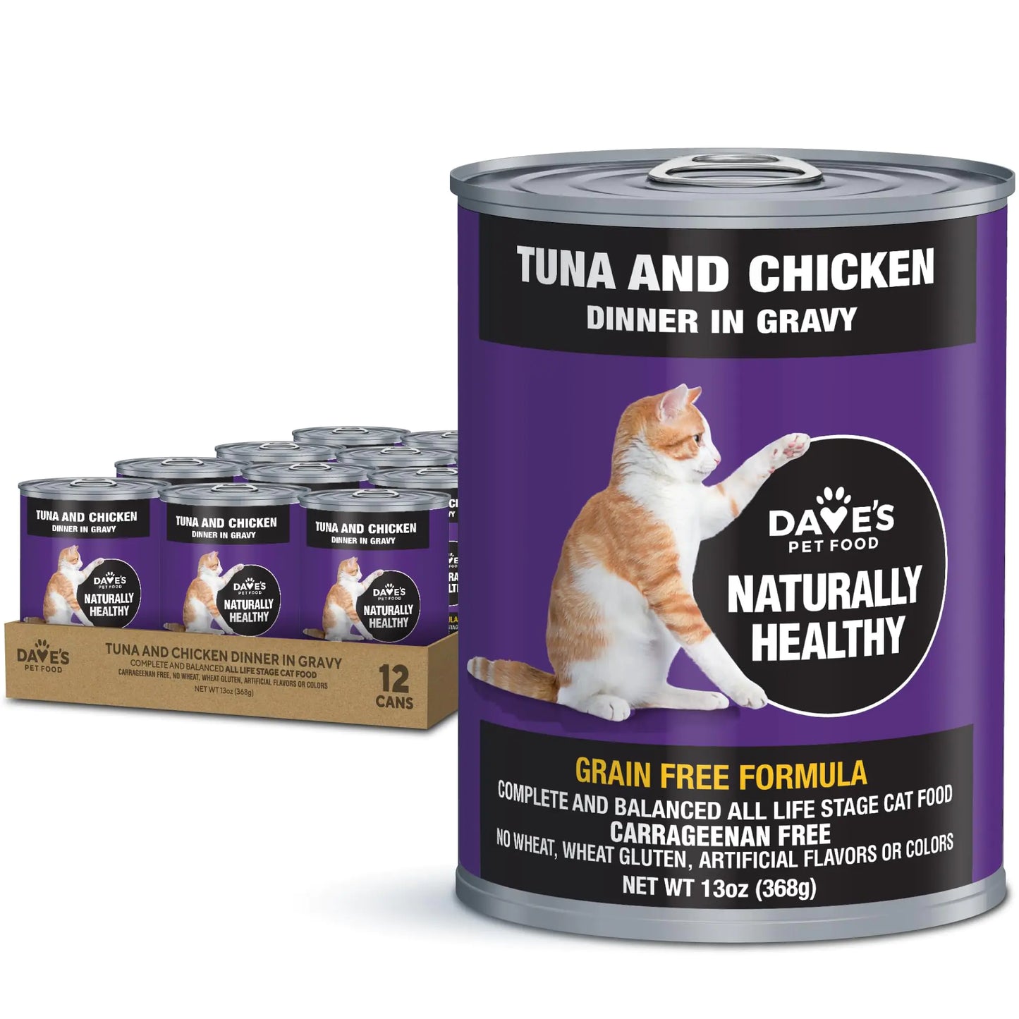 Daves Pet Food Grain Free Wet Cat Food (Tuna & Chicken Dinner in Gravy) Naturally Healthy Canned Cat Food Added Vitamins & Minerals Wheat & Wheat Gluten-Free 13 oz Cans (Case of 12)