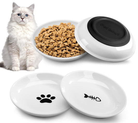 Cat Food Bowl 4 Pcs Ceramic Cat BowlsShallow Wide Cat Dishes for Cat Dry & Wet Food and Water PlatesNon-Slip Silicone BottomAnti Whisker Fatigue Cat Bowls for Indoor Cats and Small Animals