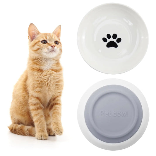 COSOWO 2 Pack Cat Food Bowl Healthy Ceramic Cat Bowls for Indoor Kitten Non-Slip Silicone Bottom Shallow Wide Kitten Plates Cat Dishes Set Whisker Fatigue Cat Bowl