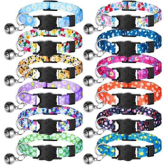 Saintrygo 12 Pcs Cat Collars Summer Breakaway Cats Collar with Bells Cute Cat Collar Dog Collar Adjustable Male Female Pet Collar with Safety Buckle Kitten Puppy Collar(S Flowers Patterns)
