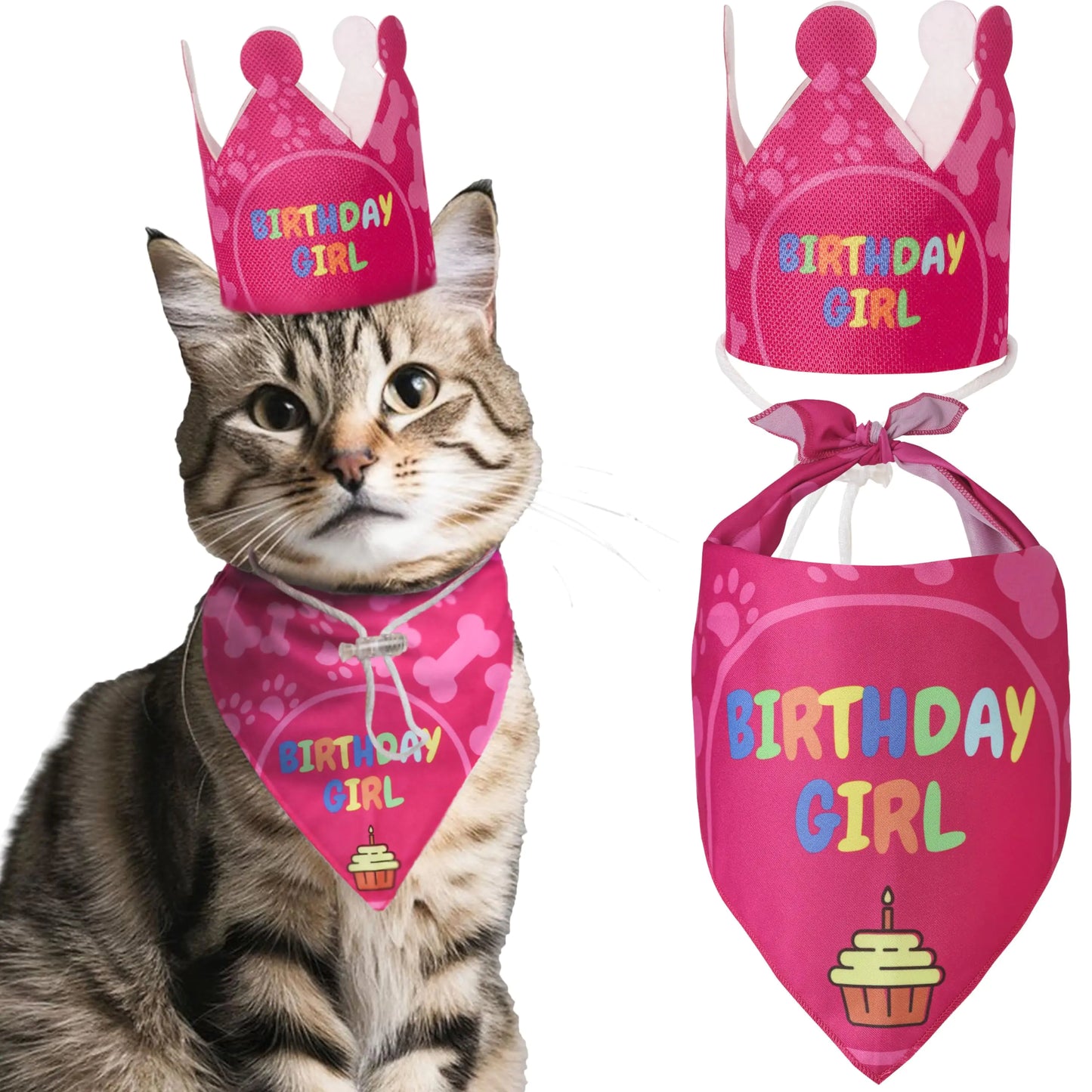 Odi Style Cat Birthday Decorations - Cat Birthday Hat Crown and Cat Birthday Bandana Girl Kitten Cat Birthday Gift Outfit Happy Cat Party Decor Cat Products Pink