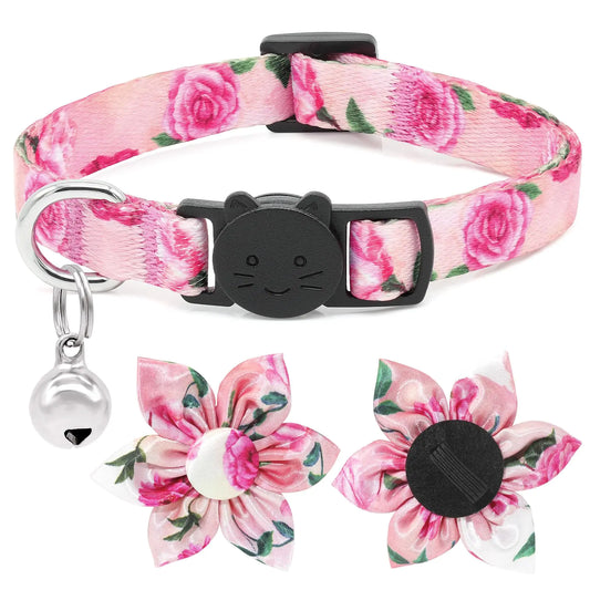 Cat Bowtie Collar Floral Rose Flower Cat Collar with Bells Breakaway Kitten Collar Halloween Cat Collar Puppy Collar Pink Cat Collars for Girl Cats