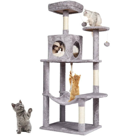 VEVOR Cat Tree for Indoor Cats 56.2" Cat Tower with Cat Condo Sisal Scratching Post Hammock Top Perch Jumping Platforms Large Cat House with Hang Ball Cat Furniture Activity Center Light Grey