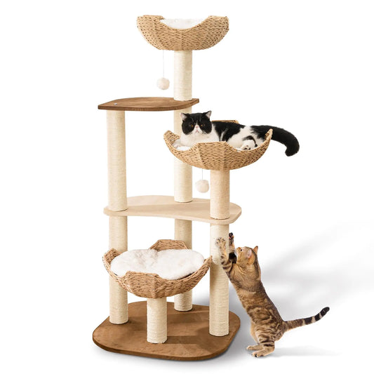 Big Modern Design Cat Tree Tower with White Cloud Mat Unique Cat Supplies Tower with Scratching Post Cute Wood Cat Tree Cat Furniture Activity Centre for Indoor Big Cats