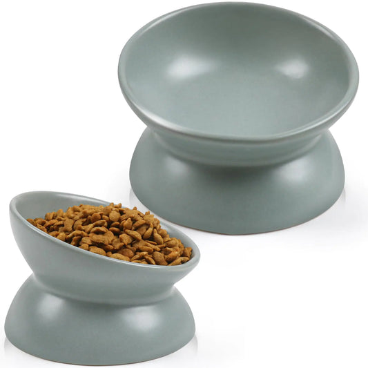 Rapsrk Raised and Tilted Pet Cat Food Bowl5 Inches Ceramic Cat Food Bowl Tilted Protect Spine Stress Free Prevent Vomiting Cat Dishes cat Food Bowl (Grey)