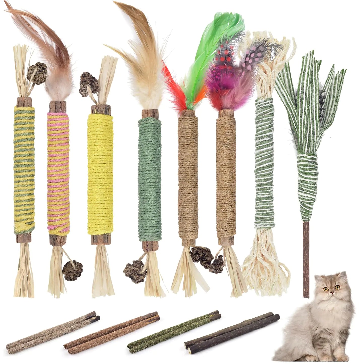 Bissap 16 PCS Silvervine Chew Sticks for Cats Catnip Chew Sticks Cat Toys for Indoor Cat Kitten Teeth Grinding Interactive Feather Toys for Aggressive Chewers Dental Care
