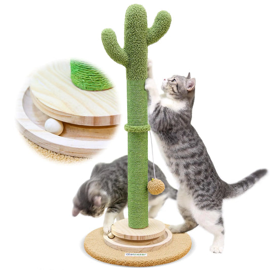Globlazer SC30 Tall Scratching Post for Cats 30in Cactus Cat Scratching Post Cat Scratcher Cute Sisal Large Cat Scratching Post with Modern Wooden Ball Tracking Interactive Toys