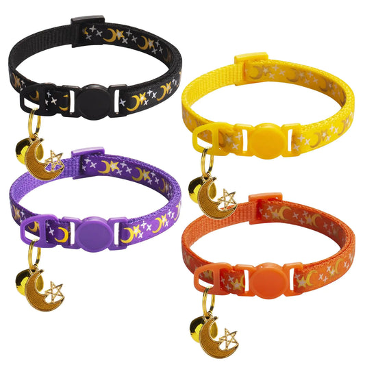 Breakaway Cat Collars-Kitten Collar with Bells - Adjustable Cute Cat Collar Moon Star Design - 4 Pack